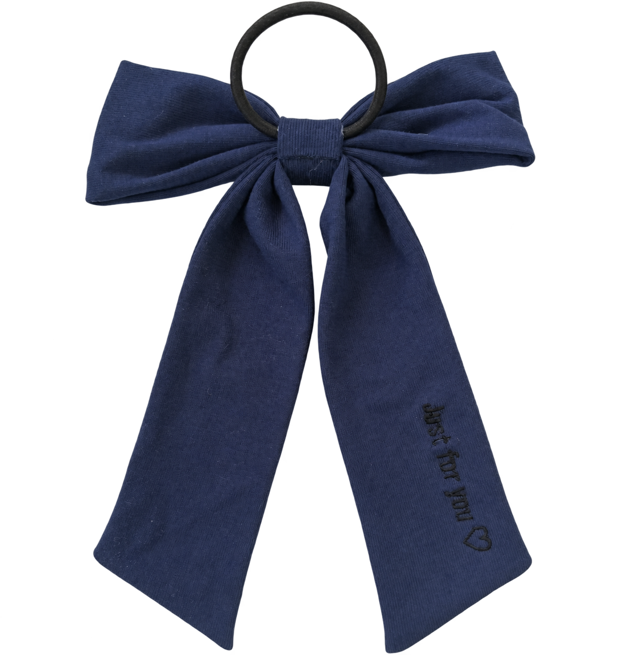 FW26 Sweatband Wrap- Quote- Just For You Ribbon Sewn Into Bow On Pony Holder Navy