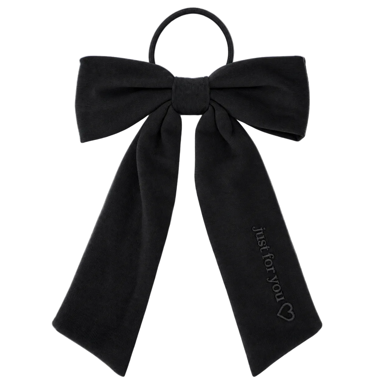 FW26 Sweatband Wrap- Quote- Just For You Ribbon Sewn Into Bow On Pony Holder Black