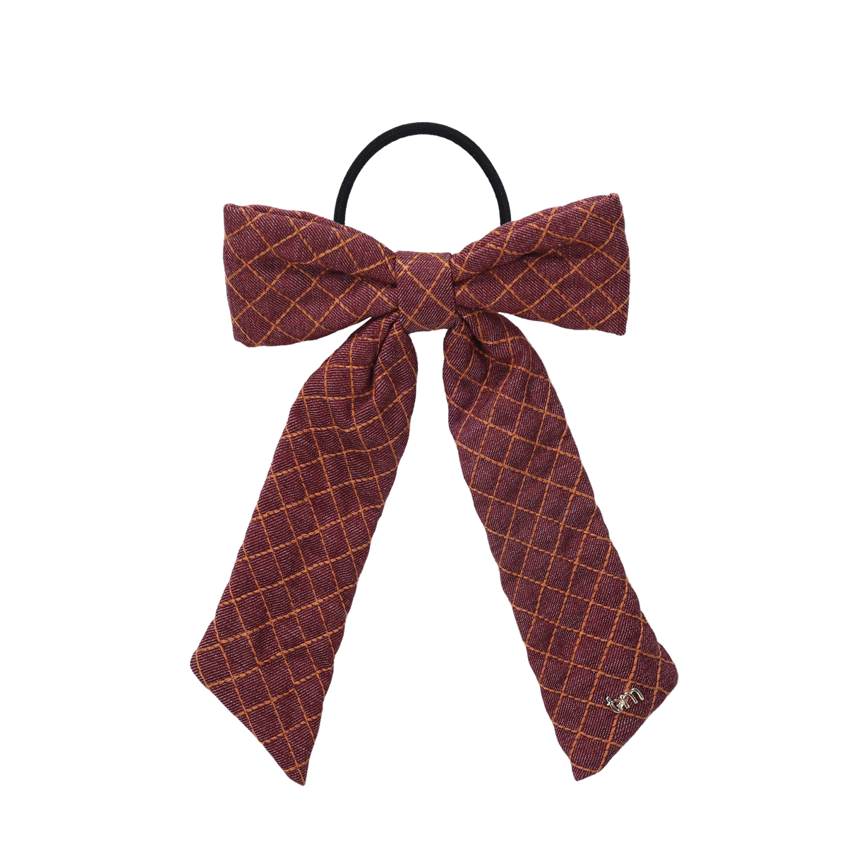 FW26 Denim Brown Thread Bow Ribbon On Pony Holder Maroon