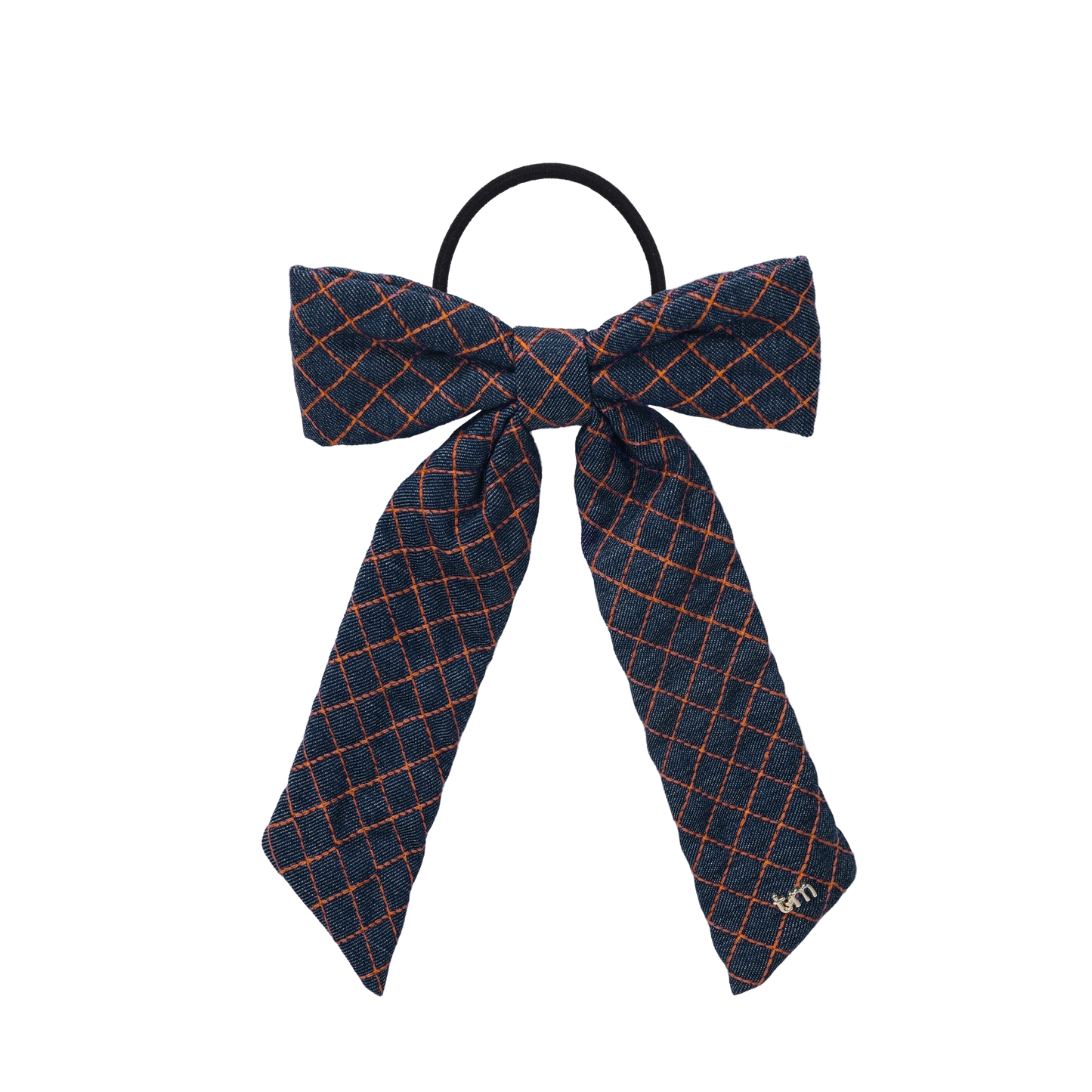 FW26 Denim Brown Thread Bow Ribbon On Pony Holder Navy