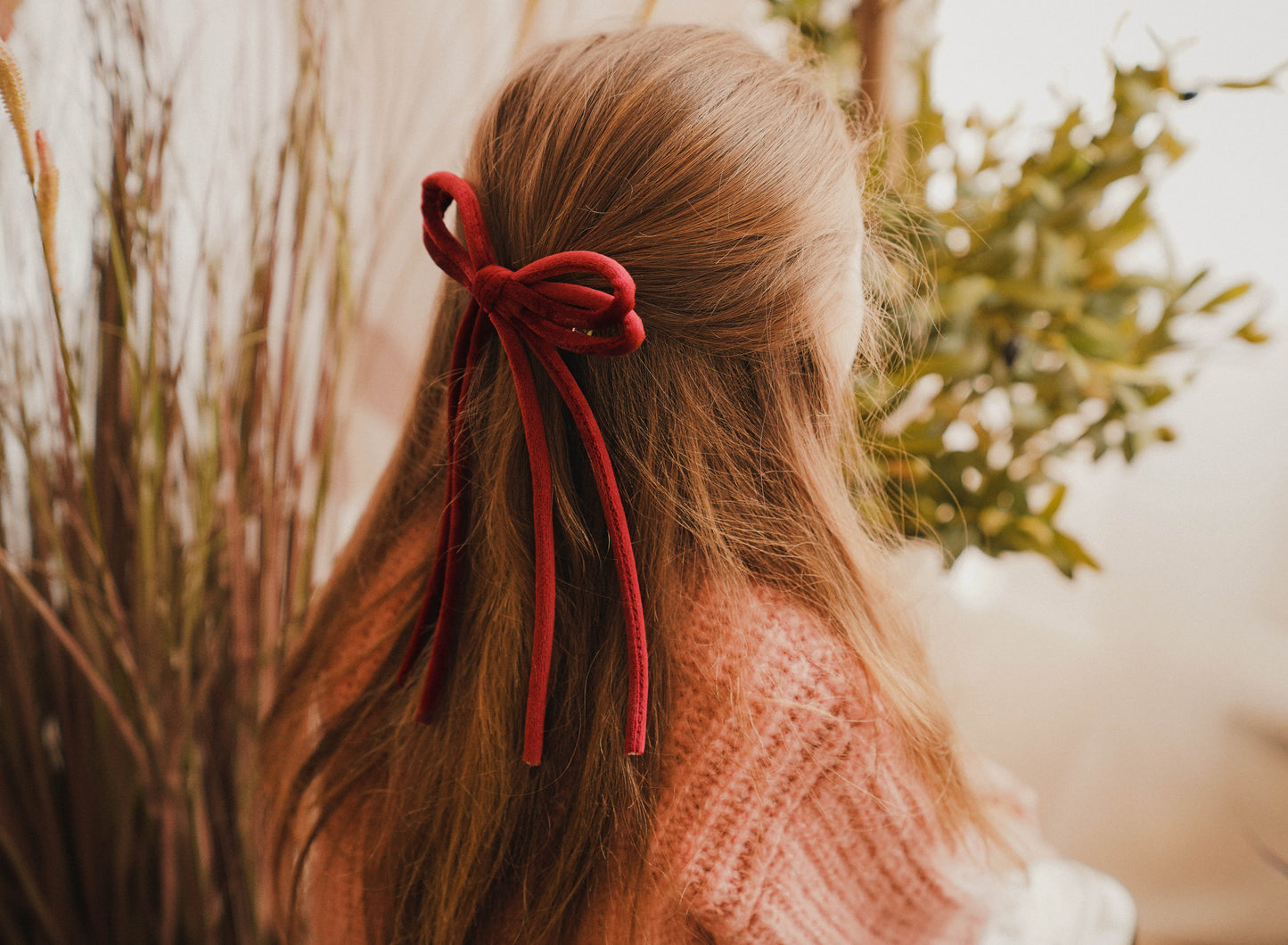 FW26 Velvet Cord Long Tail Bow Clip Maroon