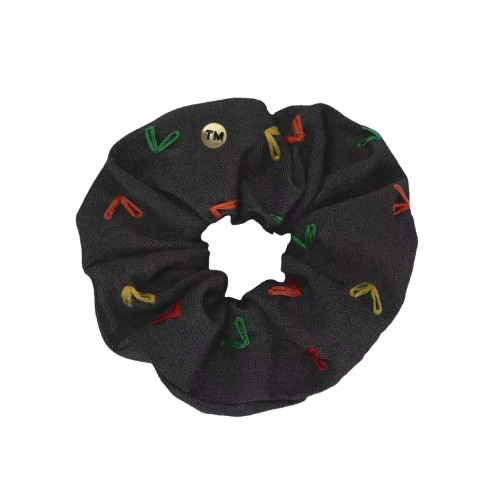 Denim Colored Hearts Embroidery Scrunchie (Black)