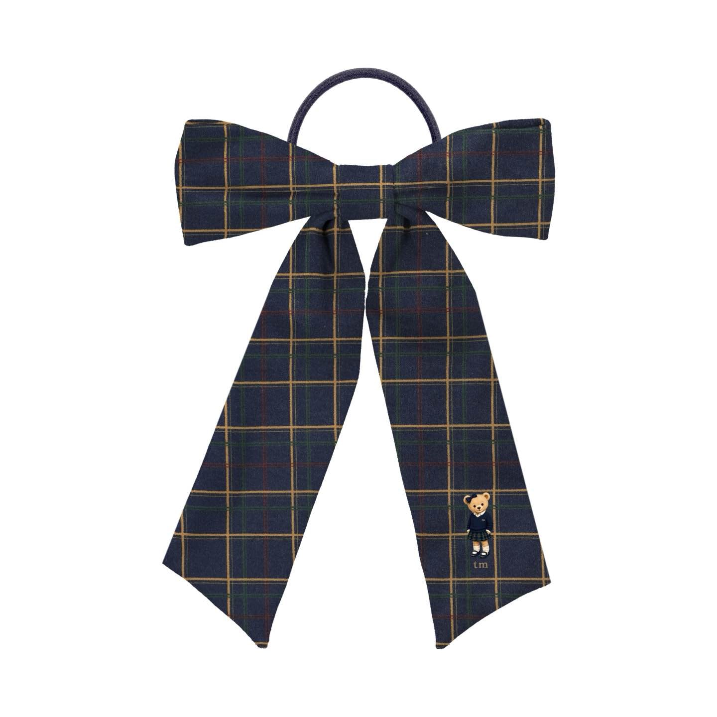 FW26 Tartan Bear Patch Printed Collection Long Tail Bow Sewn onto Pony Holder (Navy)