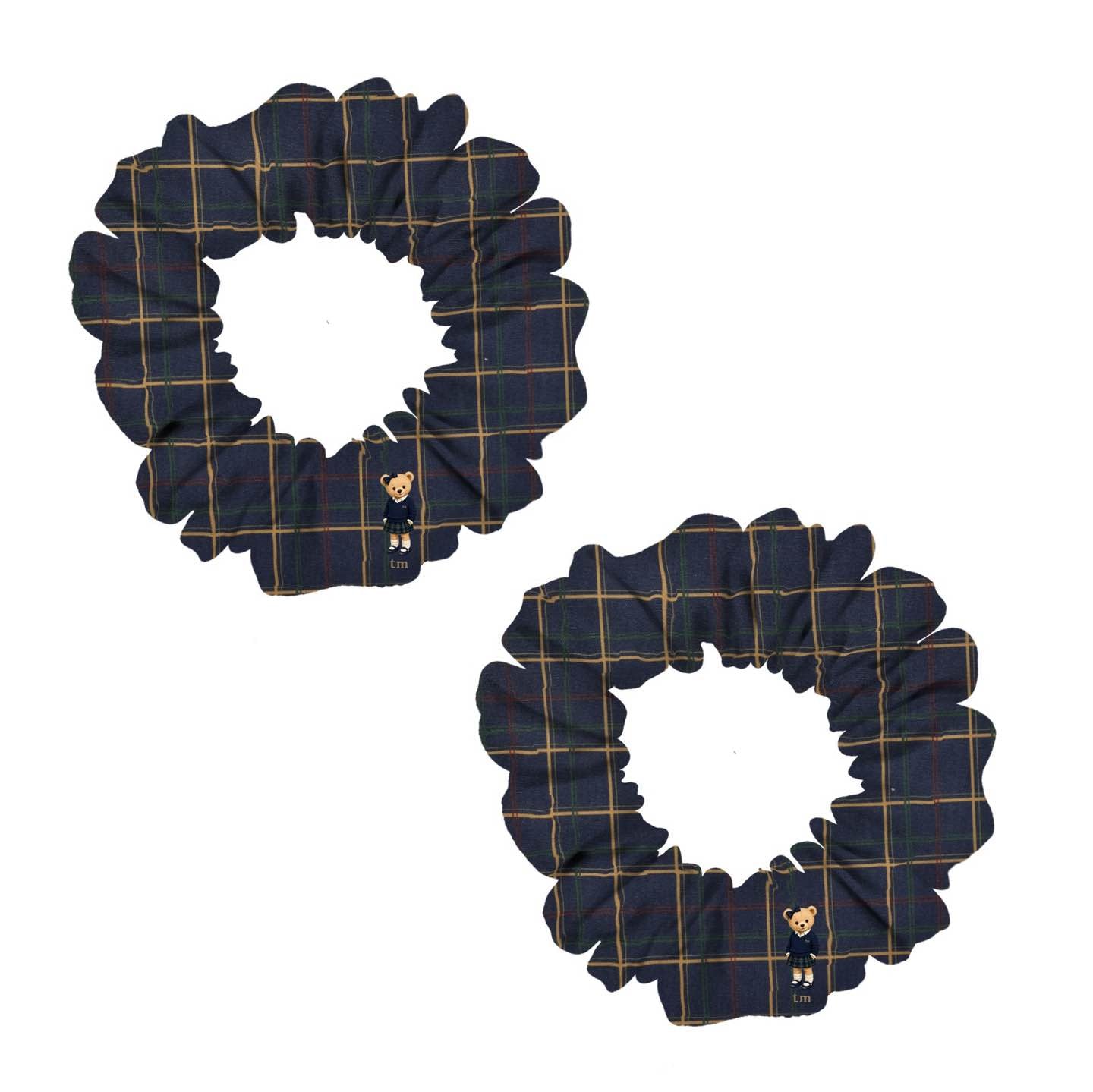 FW26 Tartan Bear Patch Printed Collection Mini Scrunchie Set of 2 (Navy)