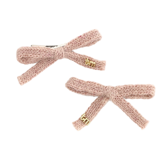 FW26 Rabbit Fur Knitted Set Of 2 Bow Clip 2.5" Width Beige