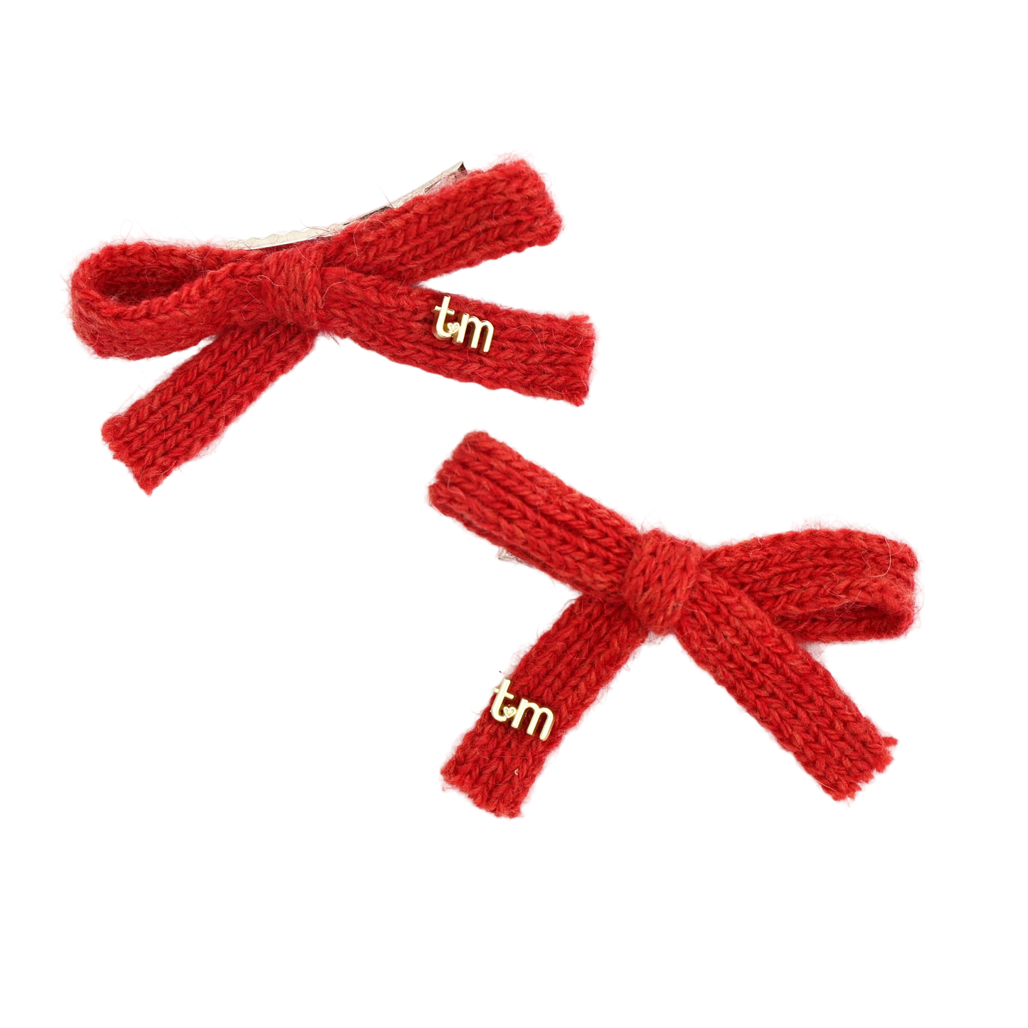 FW26 Rabbit Fur Knitted Set Of 2 Bow Clip 2.5" Width Red