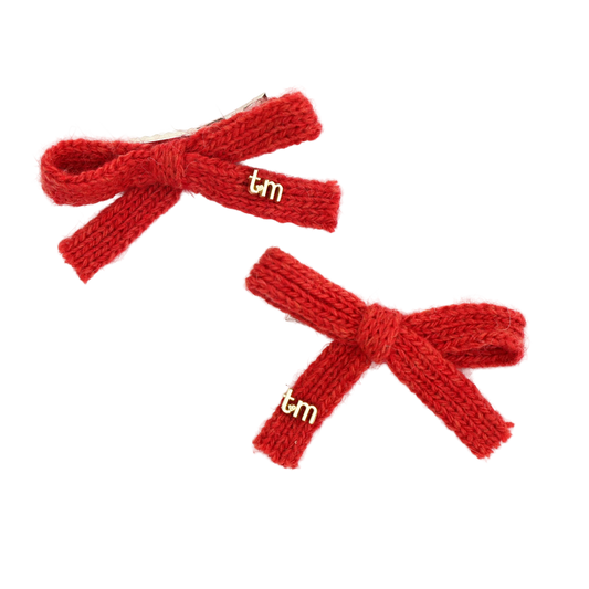 FW26 Rabbit Fur Knitted Set Of 2 Bow Clip 2.5" Width Red