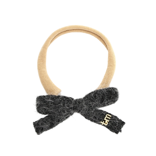 FW26 Rabbit Fur Knitted Nylon Headband With Bow Heather Gray