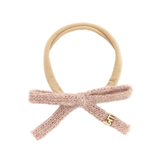 FW26 Rabbit Fur Knitted Nylon Headband With Bow Beige