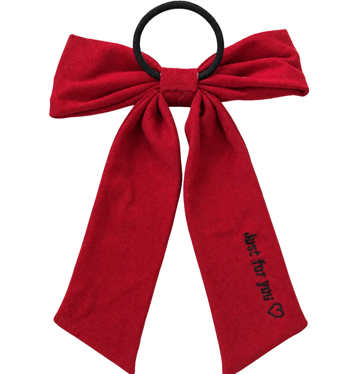 FW26 Sweatband Wrap- Quote- Just For You Ribbon Sewn Into Bow On Pony Holder Dark Red