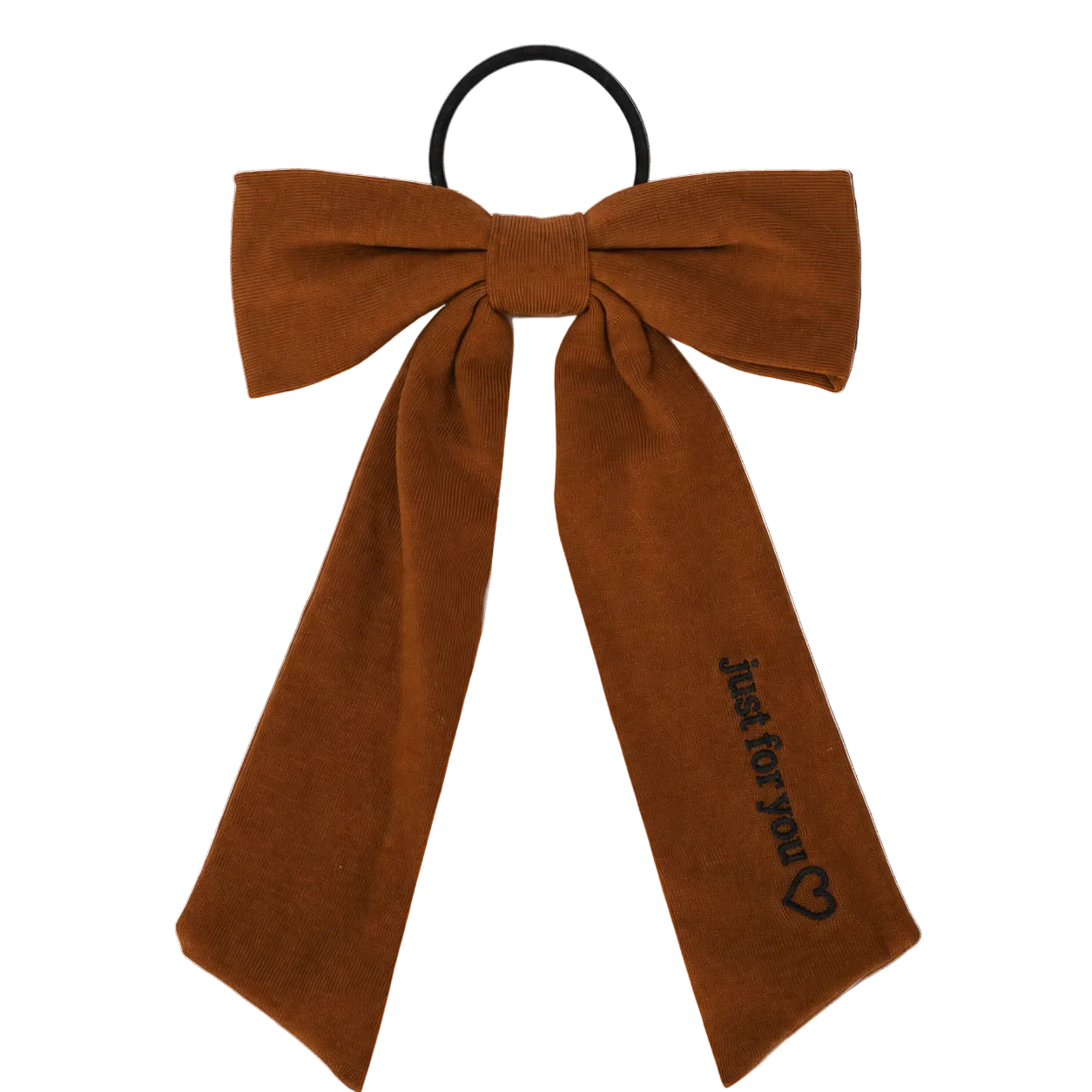 FW26 Sweatband Wrap- Quote- Just For You Ribbon Sewn Into Bow On Pony Holder Brown