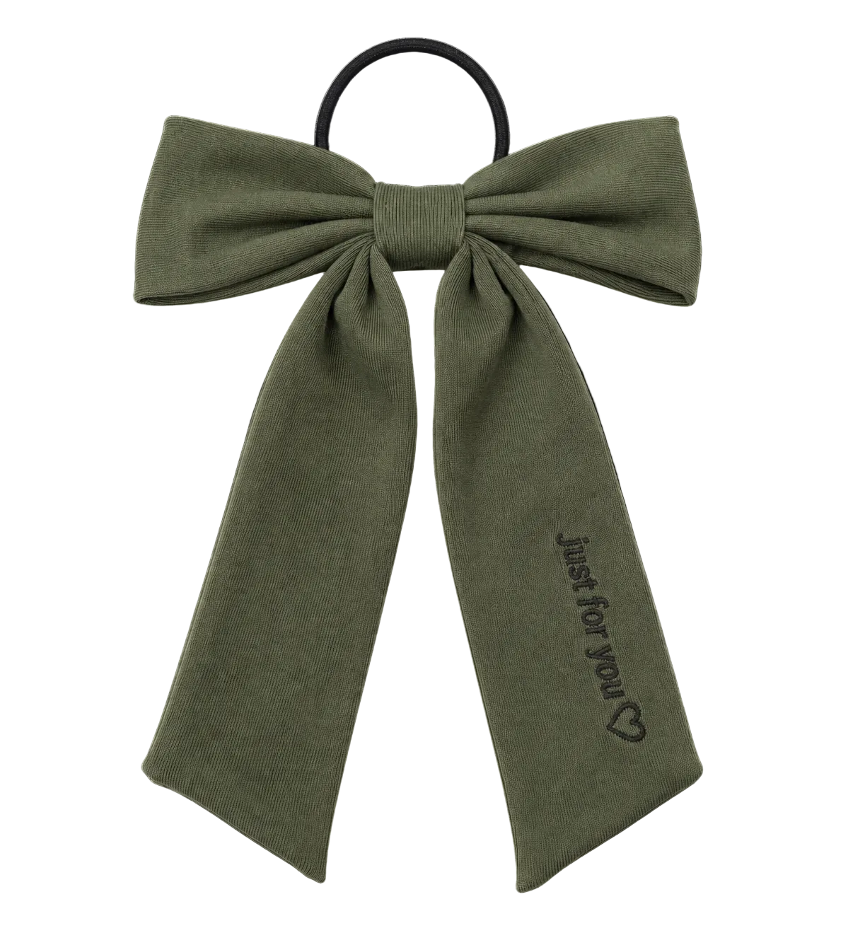 FW26 Sweatband Wrap- Quote- Just For You Ribbon Sewn Into Bow On Pony Holder Green