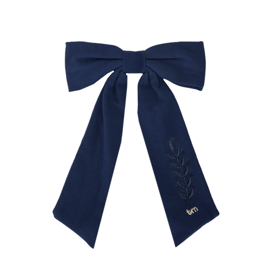 FW26 Monochrome Embroidery Linen Large Bow Clip - Barrette Clip Navy