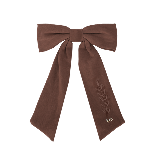 FW26 Monochrome Embroidery Linen Large Bow Clip - Barrette Clip Brown