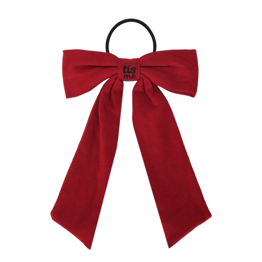 FW26 Sweatband Wrap- Quote- Just For You Ribbon Sewn Into Bow On Pony Holder Dark Red