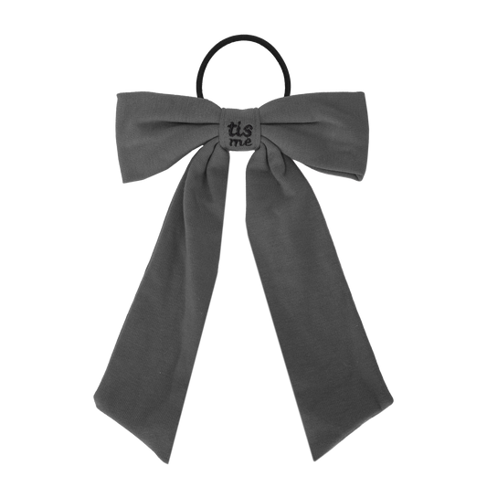 FW26 Sweatband Wrap- Quote- Just For You Ribbon Sewn Into Bow On Pony Holder Gray