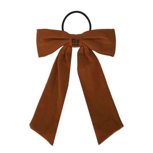 FW26 Sweatband Wrap- Quote- Just For You Ribbon Sewn Into Bow On Pony Holder Brown