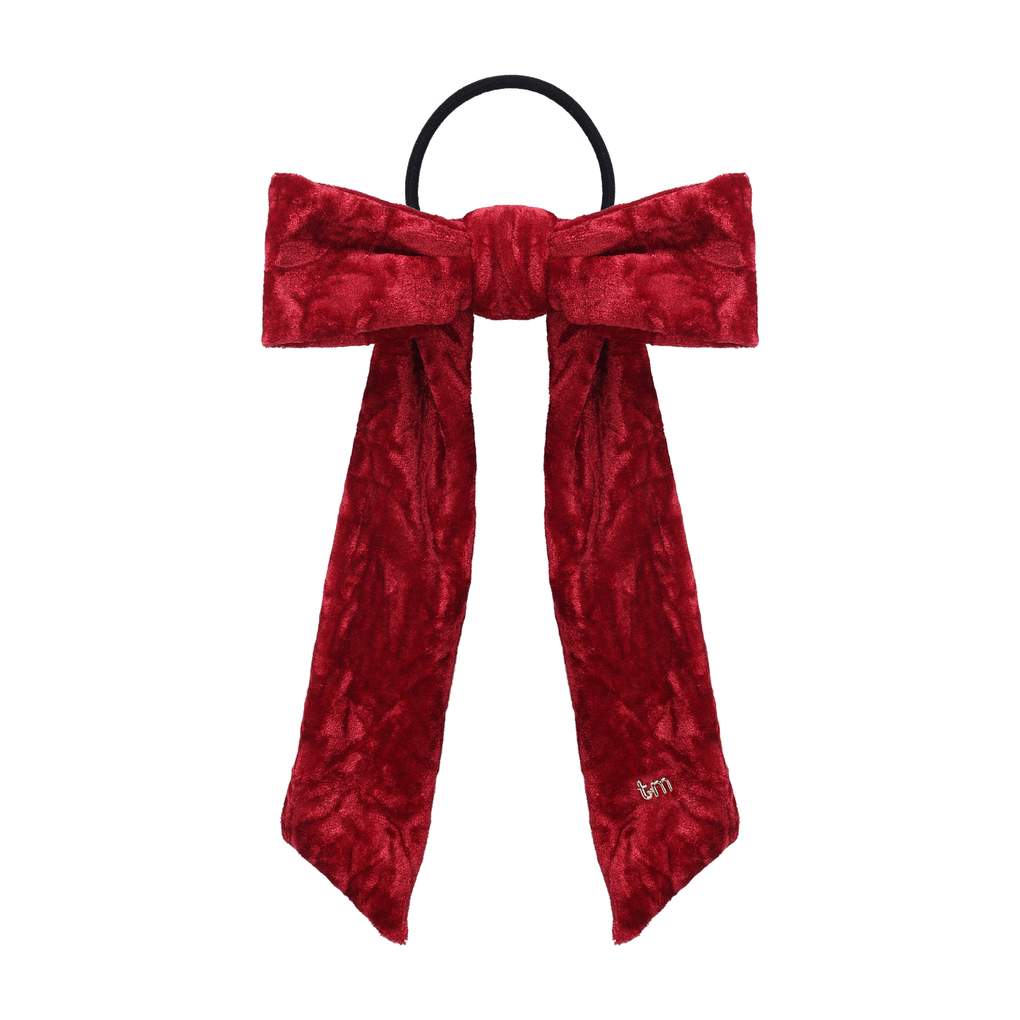 FW26 Crushed Velvet Ribbon Sewn Into Bow On Pony Holder Maroon