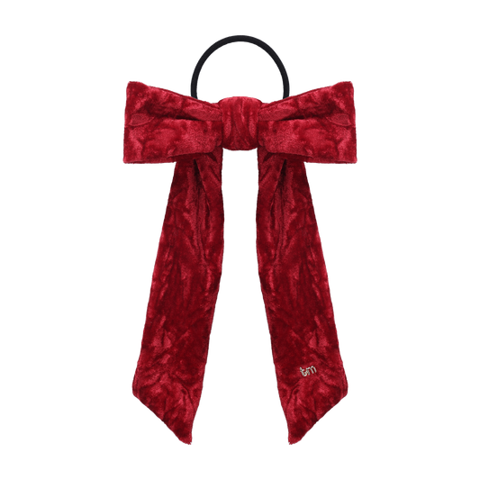 FW26 Crushed Velvet Ribbon Sewn Into Bow On Pony Holder Maroon