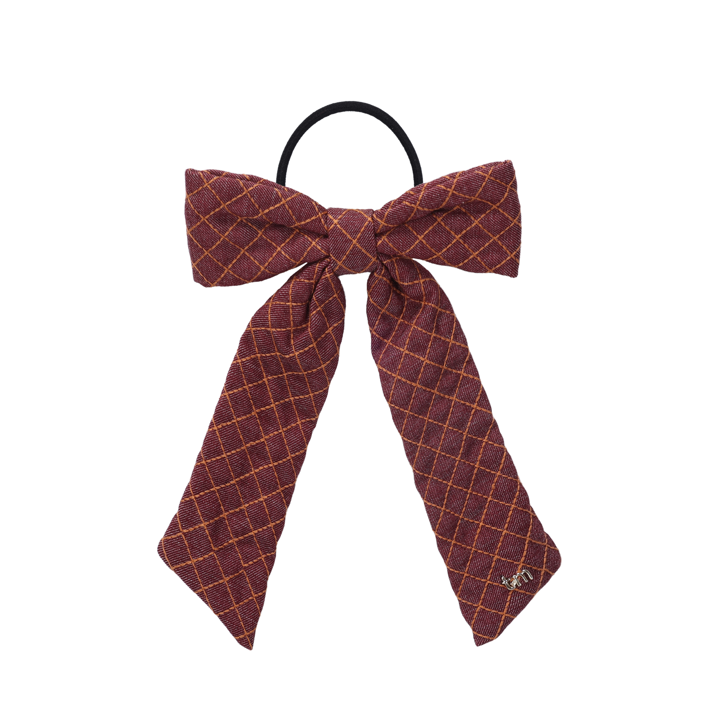 FW26 Denim Brown Thread Bow Ribbon On Pony Holder Maroon