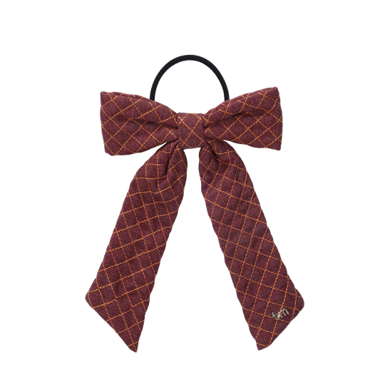 FW26 Denim Brown Thread Bow Ribbon On Pony Holder Maroon
