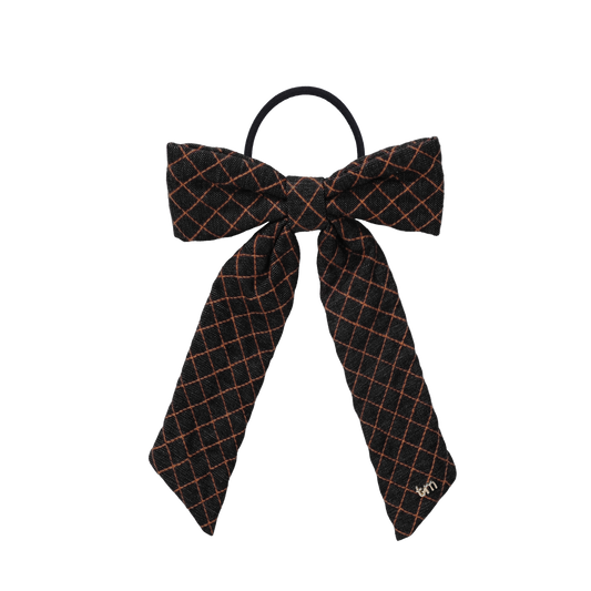 FW26 Denim Brown Thread Bow Ribbon On Pony Holder Black