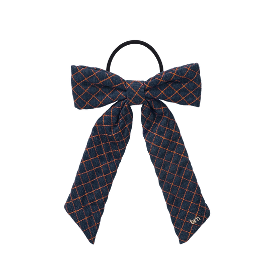 FW26 Denim Brown Thread Bow Ribbon On Pony Holder  Navy