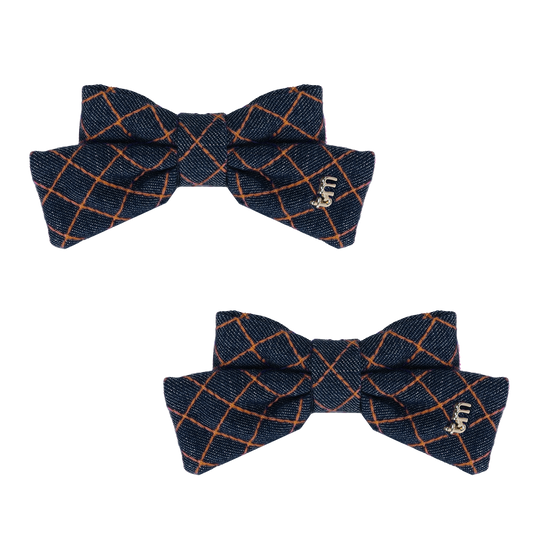 FW26 Denim Brown Thread Mini Bow Clip Set Of 2 Navy