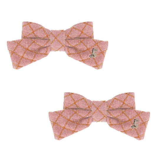 FW26 Denim Brown Thread Mini Bow Clip Set Of 2 Pink