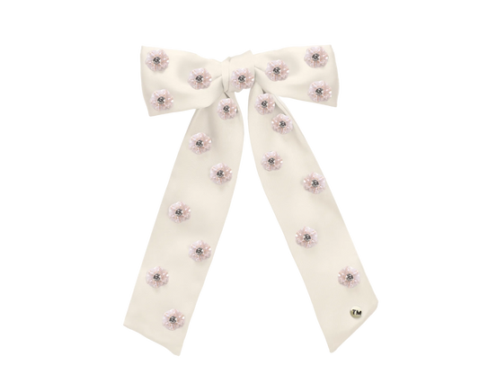 SS26 Intricate Hand Beaded Large Bow Clip (Cream)