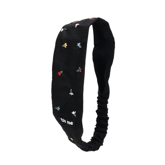 SS24 BLACK ADJUSTABLE HEADSCARF LINEN COLORED EMB