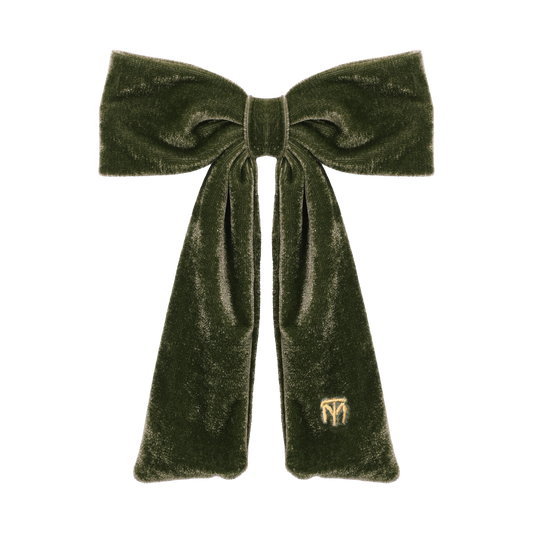 Velvet Large Bow Clip (Olive Green)