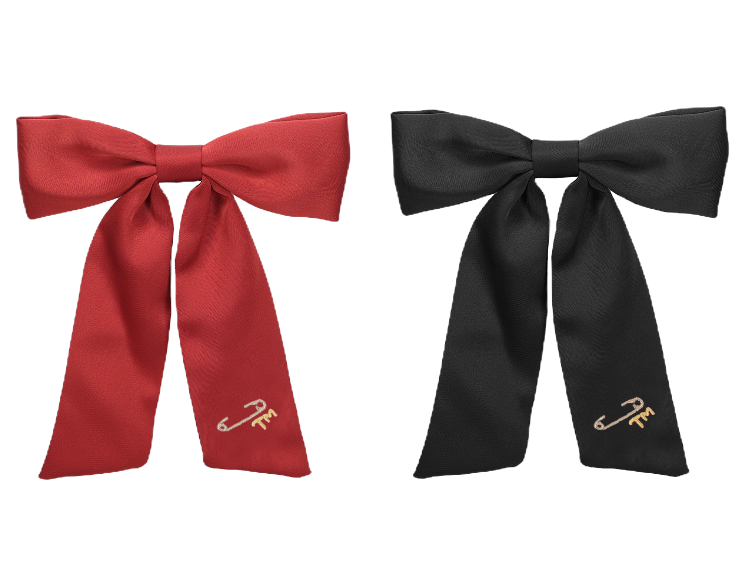 Satin Gold Safety Pin Embroidery Large Bow Clip