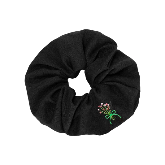 Bouquet Embroidery Knit Collection Scrunchie (Black)