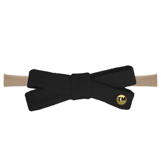 Denim Colored Embroidery Logo Baby Bow Nylon Headband (Black)