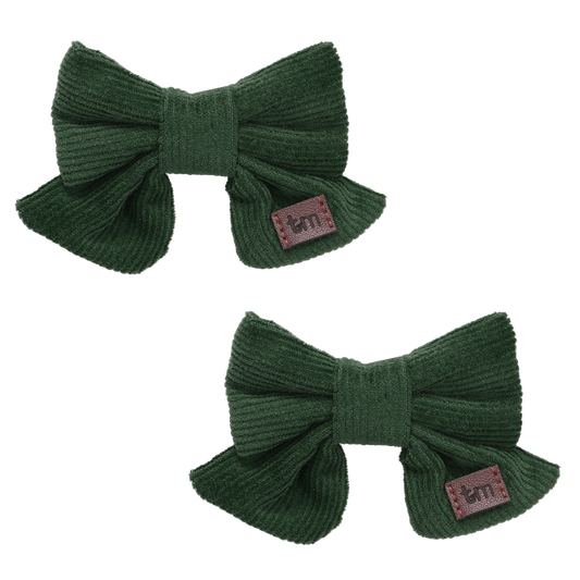 Corduroy Bow Snap Clip Set Of 2 (Dark Green)