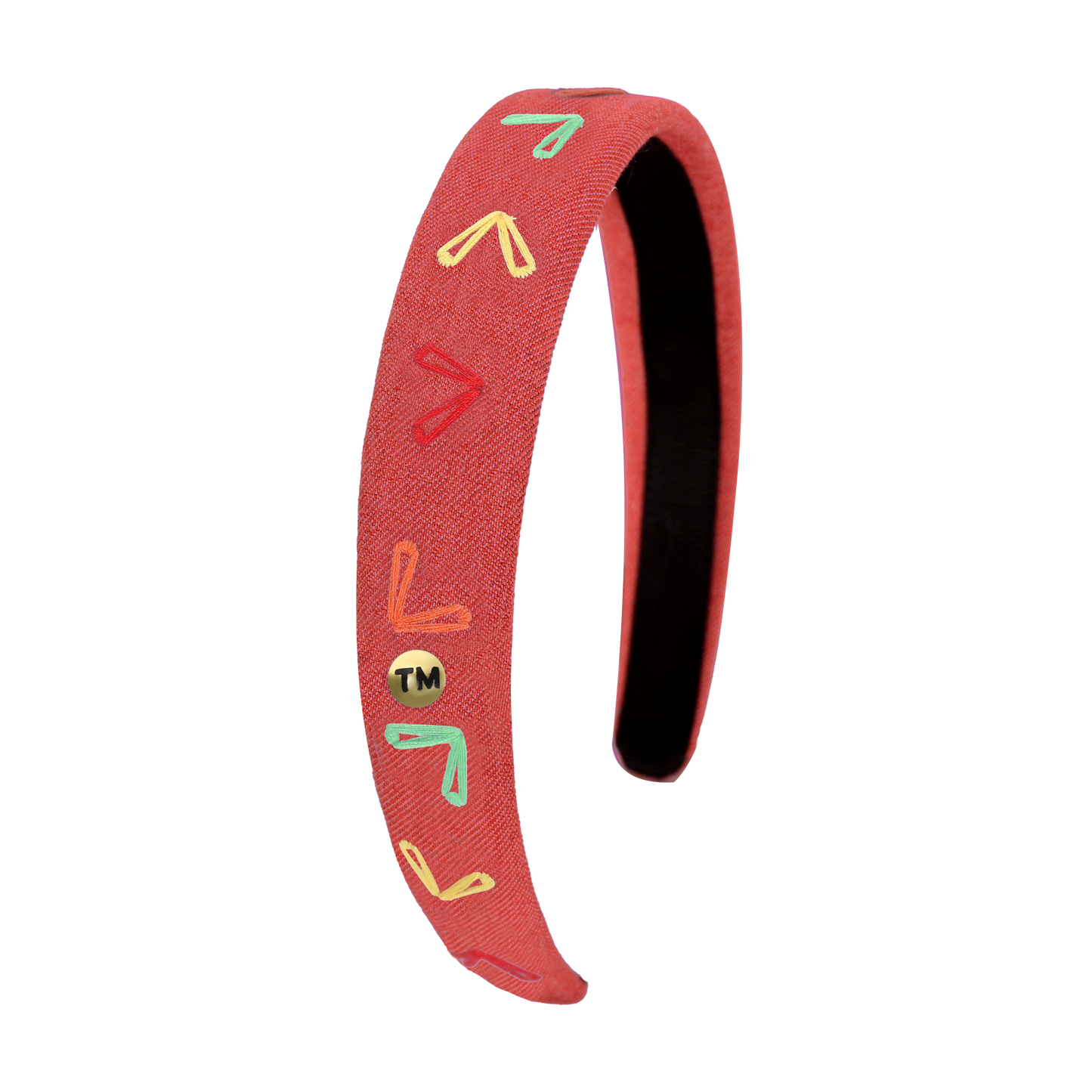 Denim Colored Hearts Embroidery Hard Headband (Red)