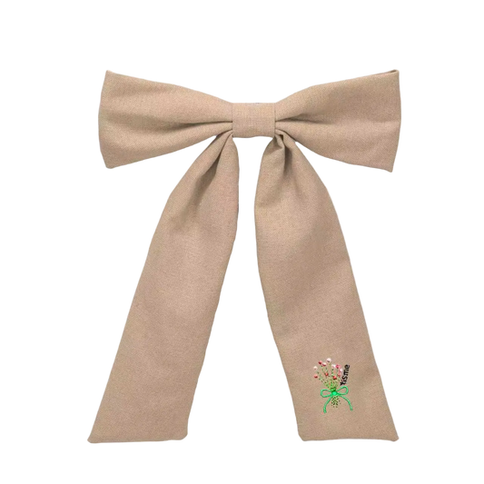 Bouquet Embroidery Knit Collection Large Bow Clip (Beige)