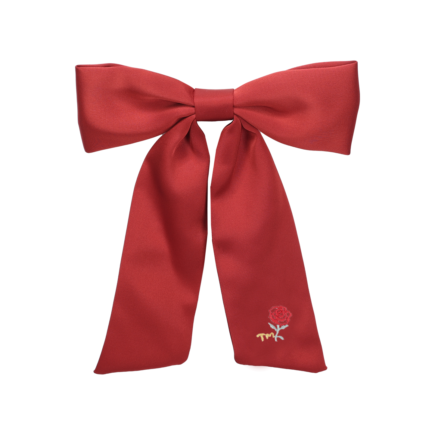 Rose Embroidery Large Bow Clip (Red)
