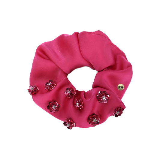 SS26 Intricate Hand Beaded Scrunchie (Hot Pink)