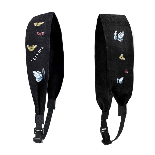 Hand Sketched Print Adjustable Headscarf Black (Butterflies)