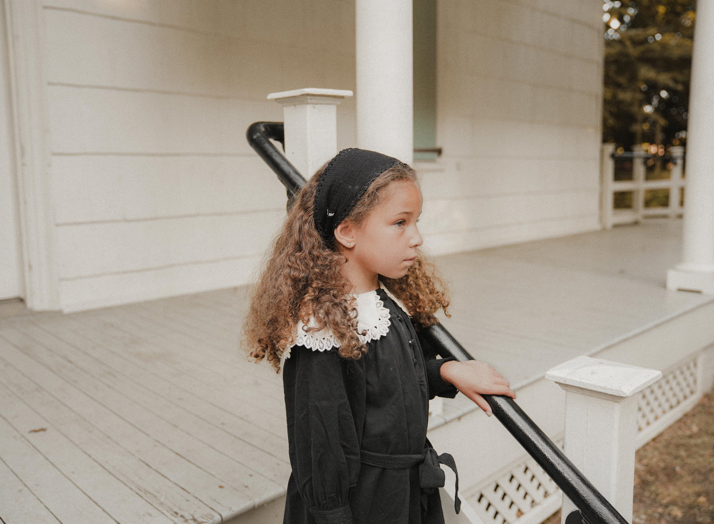 Gauze+Lace Bonnet Headband (Tie in Front, Black Lace)