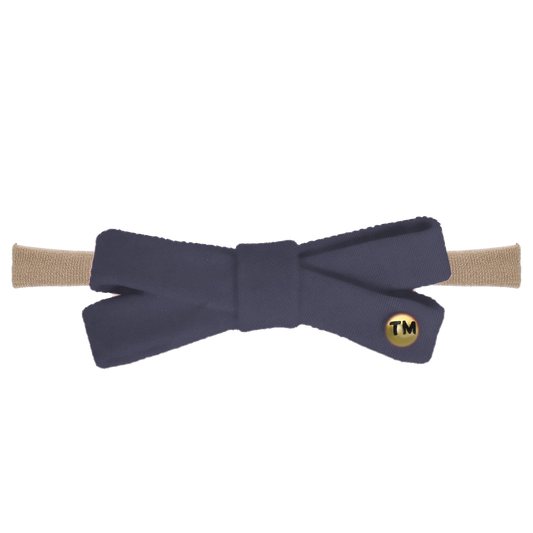 Denim Colored Embroidery Logo Baby Bow Nylon Headband (Navy)