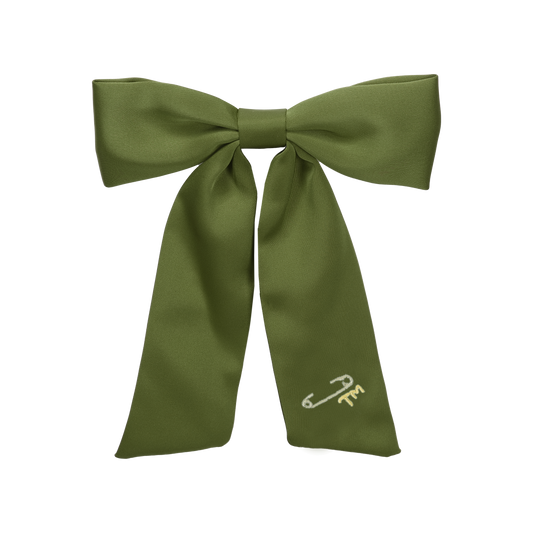 Gold Safety Pin Embroidery Large Bow Clip (Green)