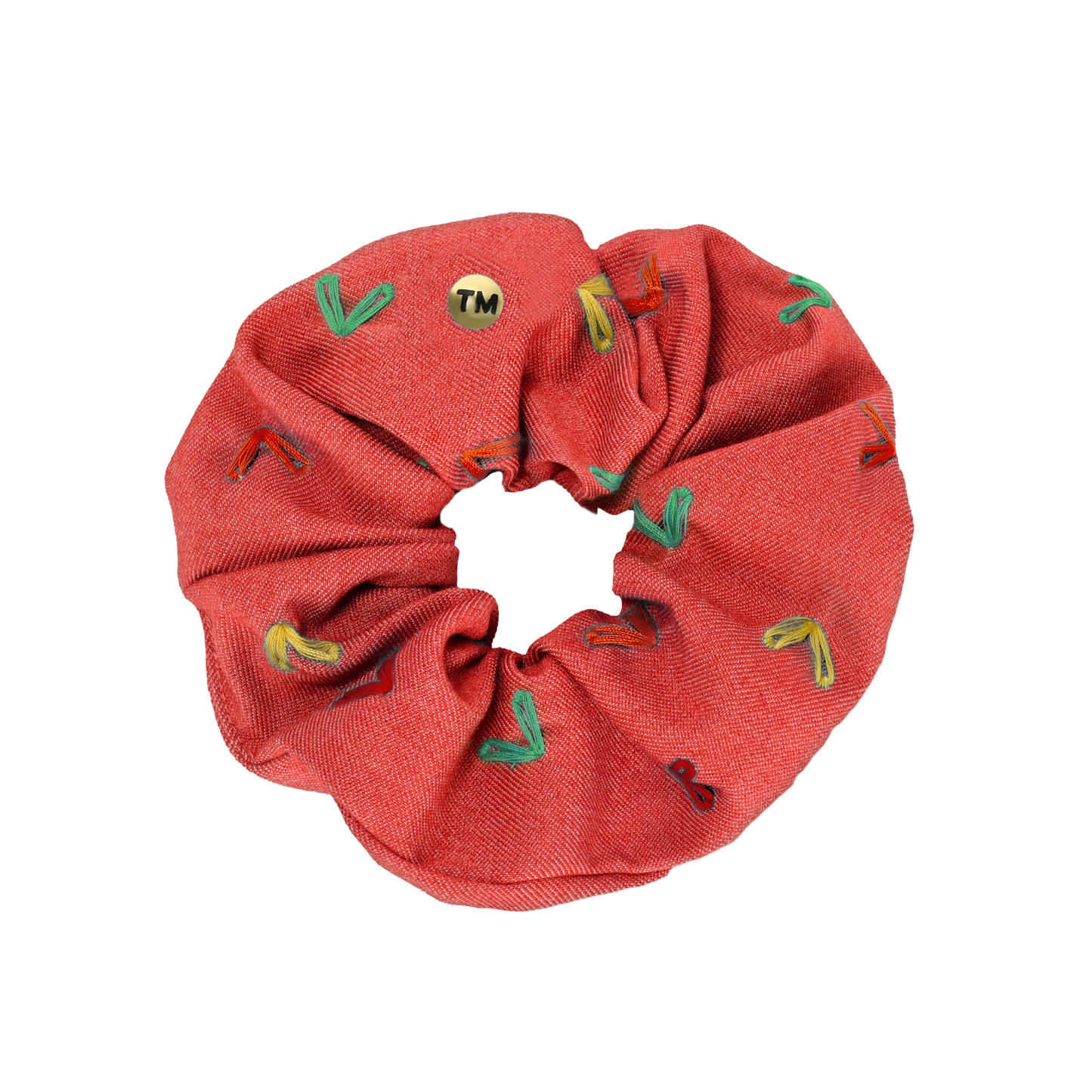 Denim Colored Hearts Embroidery Scrunchie (Red)