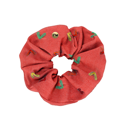 Denim Colored Hearts Embroidery Scrunchie (Red)