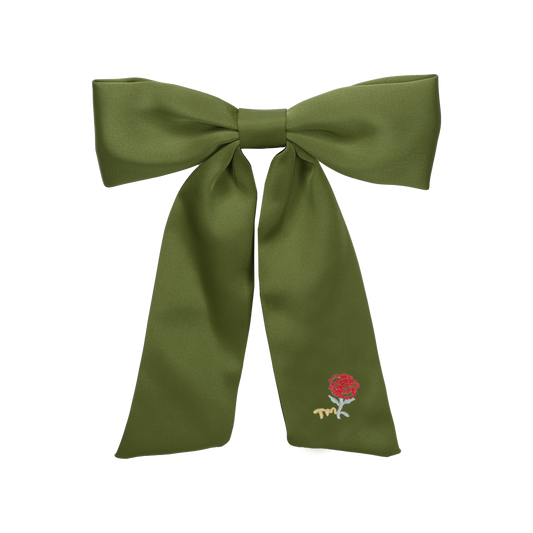 Rose Embroidery Large Bow Clip (Green)