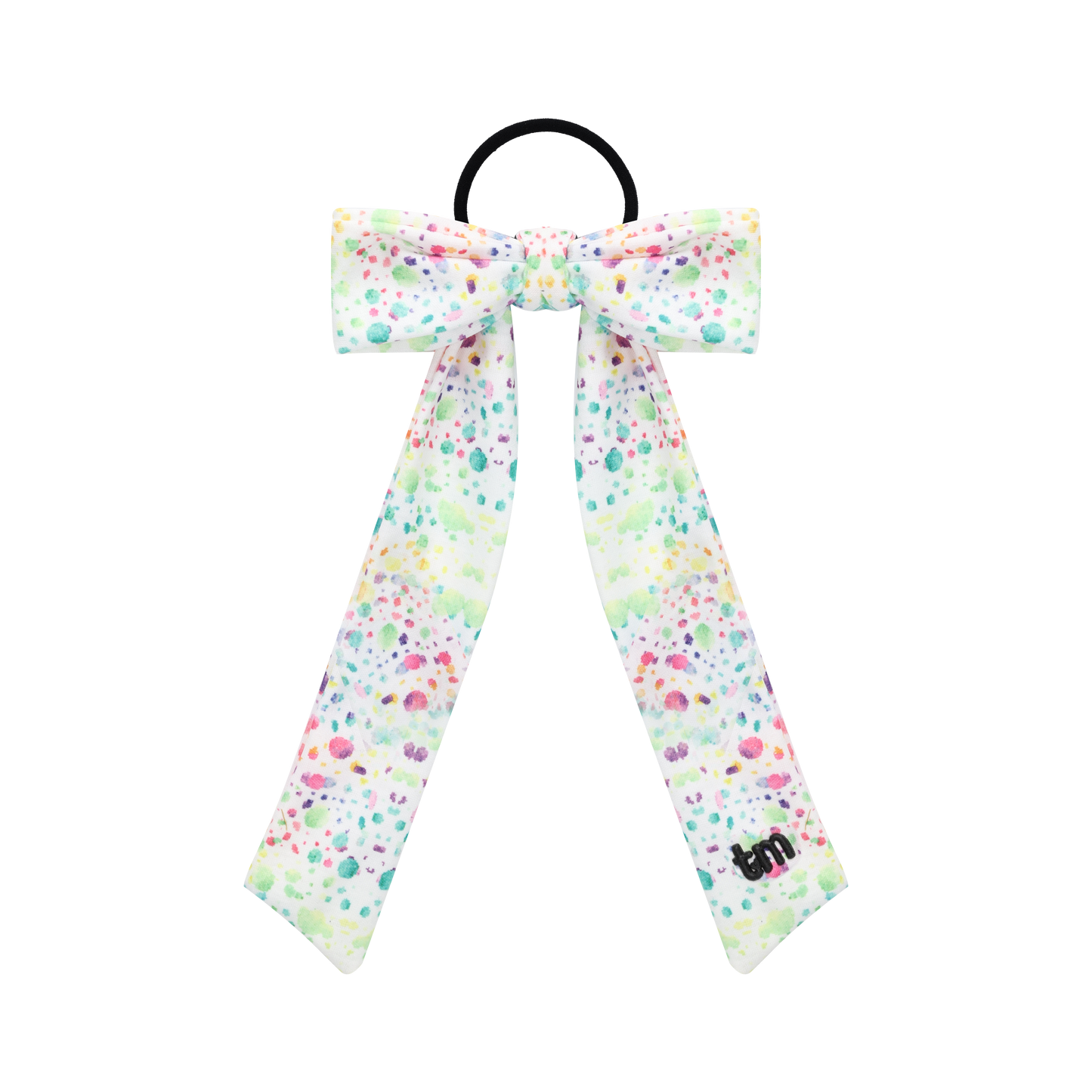 Splatter Printed Collection Long Tail Bow Sewn Onto Pony Holder