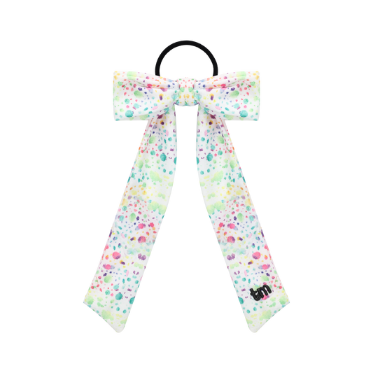 Splatter Printed Collection Long Tail Bow Sewn Onto Pony Holder