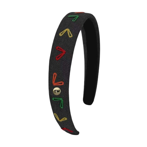 Denim Colored Hearts Embroidery Hard Headband (Black)